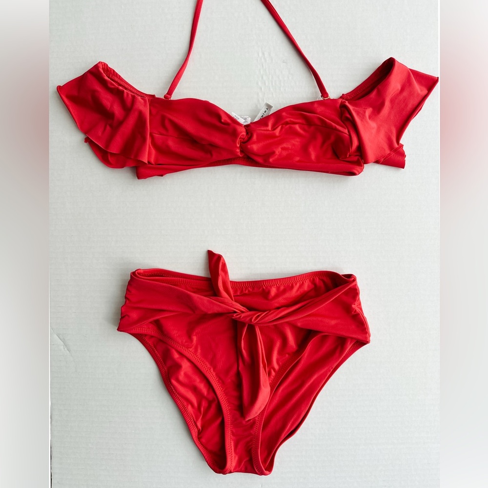 Trina Turk Off The Shoulder Cap Ruffle Sleeve Swim Top and Bottom Size 6 Red